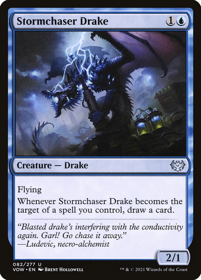 This Is An Image Of The Magic The Gathering Card Stormchaser Drake From The Set Innistrad: Crimson Vow - Designed By Artist Brent Hollowell