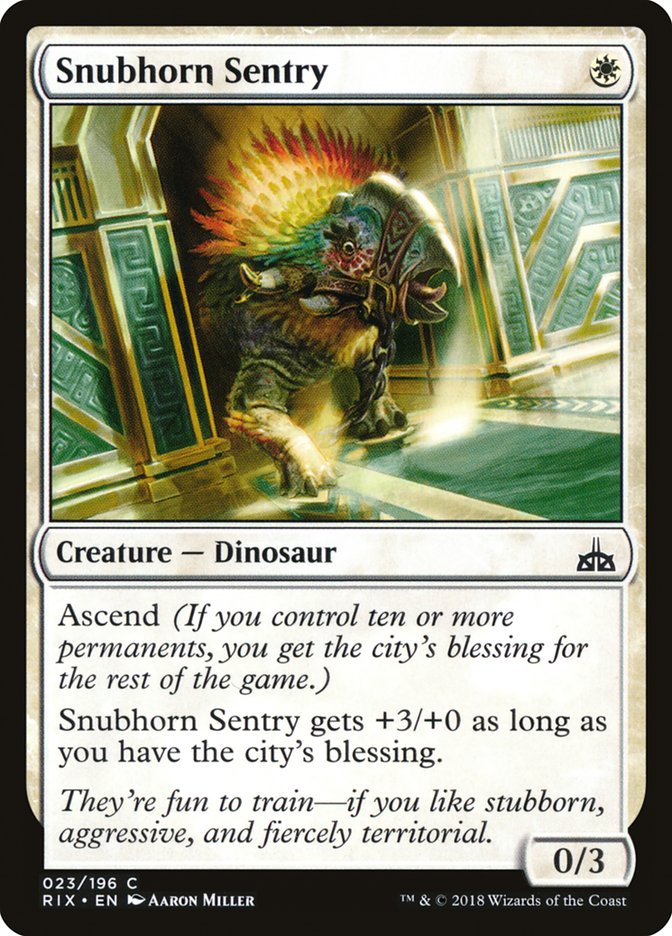 This Is An Image Of The Magic The Gathering Card Snubhorn Sentry From The Set Rivals of Ixalan - Designed By Artist Aaron Miller