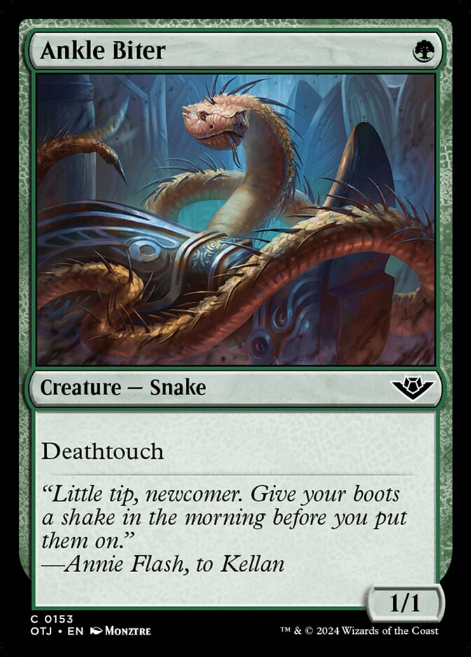 This Is An Image Of The Magic The Gathering Card Ankle Biter From The Set Outlaws of Thunder Junction - Designed By Artist Monztre