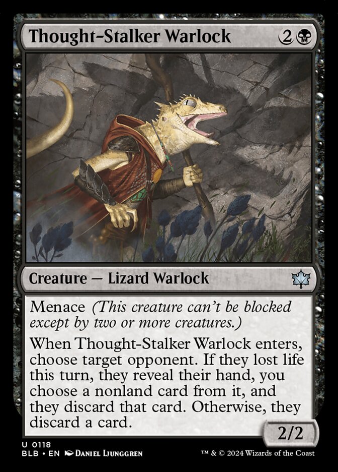 This Is An Image Of The Magic The Gathering Card Thought-Stalker Warlock From The Set Bloomburrow - Designed By Artist Daniel Ljunggren