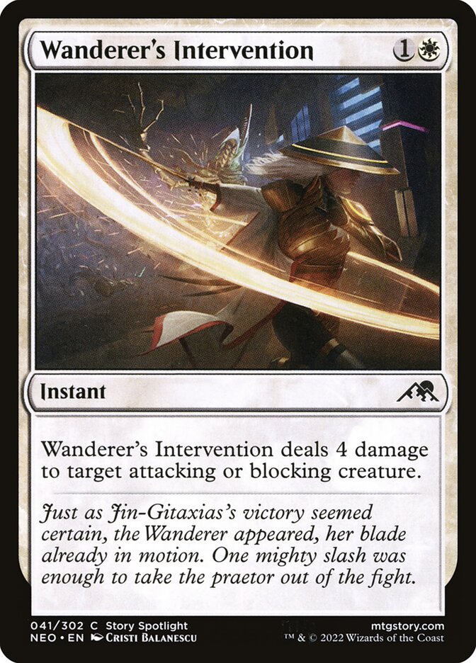 This Is An Image Of The Magic The Gathering Card Wanderer's Intervention From The Set Kamigawa: Neon Dynasty - Designed By Artist Cristi Balanescu
