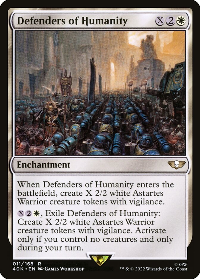 This Is An Image Of The Magic The Gathering Card Defenders of Humanity From The Set Warhammer 40,000 Commander - Designed By Artist Games Workshop