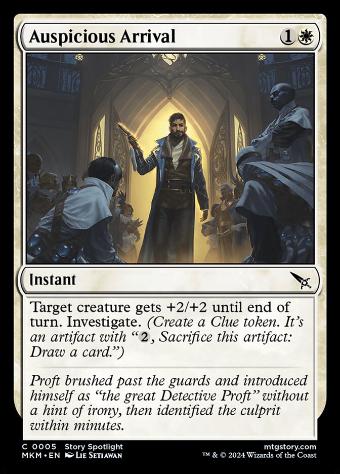 This Is An Image Of The Magic The Gathering Card Auspicious Arrival From The Set Murders at Karlov Manor - Designed By Artist Lie Setiawan