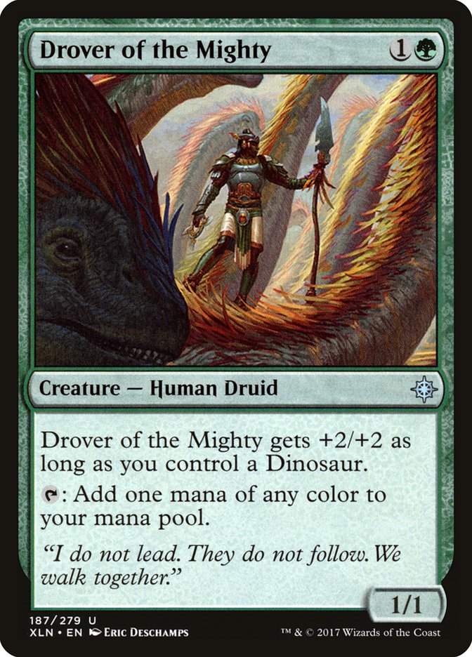 This Is An Image Of The Magic The Gathering Card Drover of the Mighty From The Set The Lost Caverns of Ixalan Commander - Designed By Artist Eric Deschamps