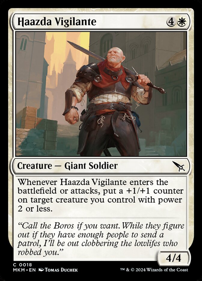 This Is An Image Of The Magic The Gathering Card Haazda Vigilante From The Set Murders at Karlov Manor - Designed By Artist Tomas Duchek