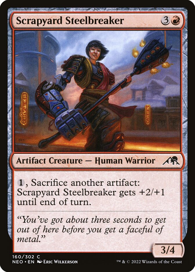 This Is An Image Of The Magic The Gathering Card Scrapyard Steelbreaker From The Set Kamigawa: Neon Dynasty - Designed By Artist Eric Wilkerson