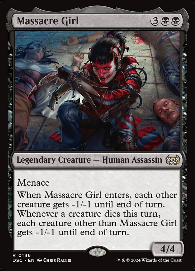 This Is An Image Of The Magic The Gathering Card Massacre Girl From The Set Duskmourn: House of Horror Commander - Designed By Artist Chris Rallis