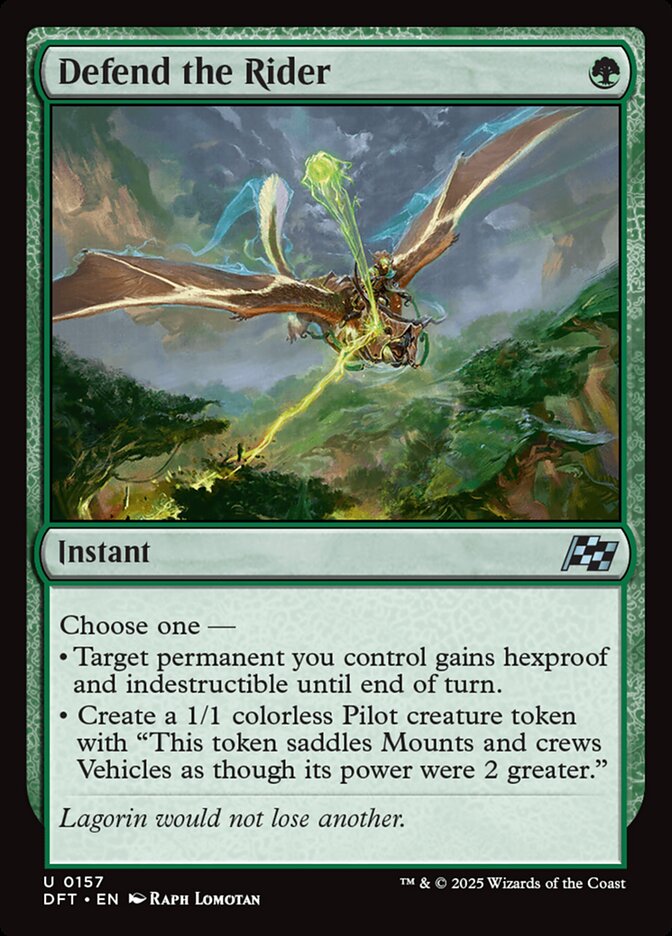 This Is An Image Of The Magic The Gathering Card Defend the Rider From The Set Aetherdrift - Designed By Artist Raph Lomotan