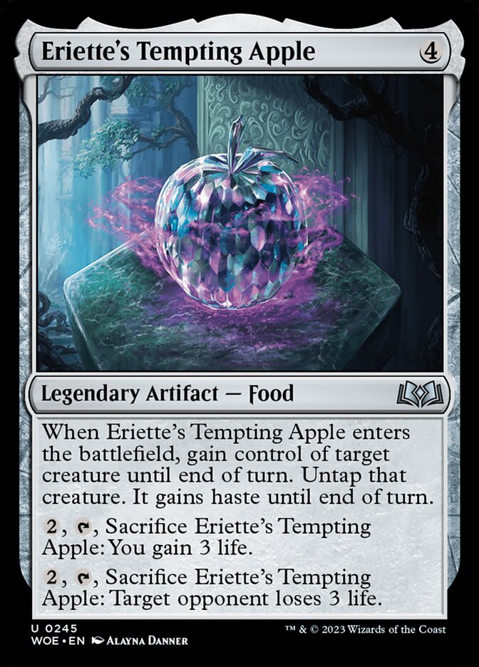 This Is An Image Of The Magic The Gathering Card Eriette's Tempting Apple From The Set Wilds of Eldraine - Designed By Artist Alayna Danner