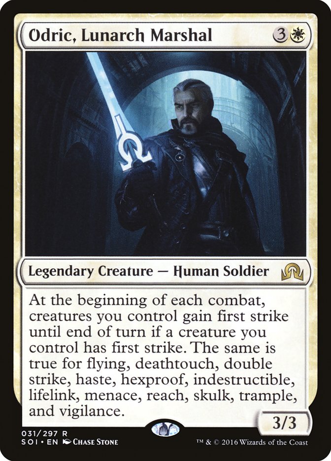 This Is An Image Of The Magic The Gathering Card Odric, Lunarch Marshal From The Set Innistrad Remastered - Designed By Artist Chase Stone
