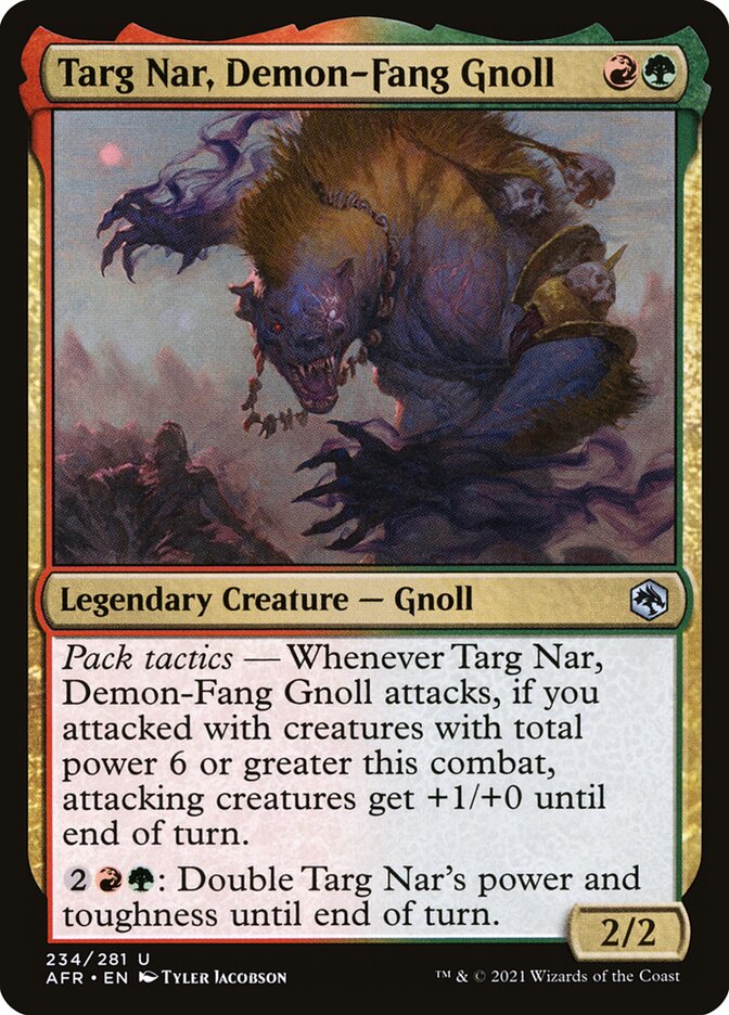 This Is An Image Of The Magic The Gathering Card Targ Nar, Demon-Fang Gnoll From The Set Adventures in the Forgotten Realms - Designed By Artist Tyler Jacobson