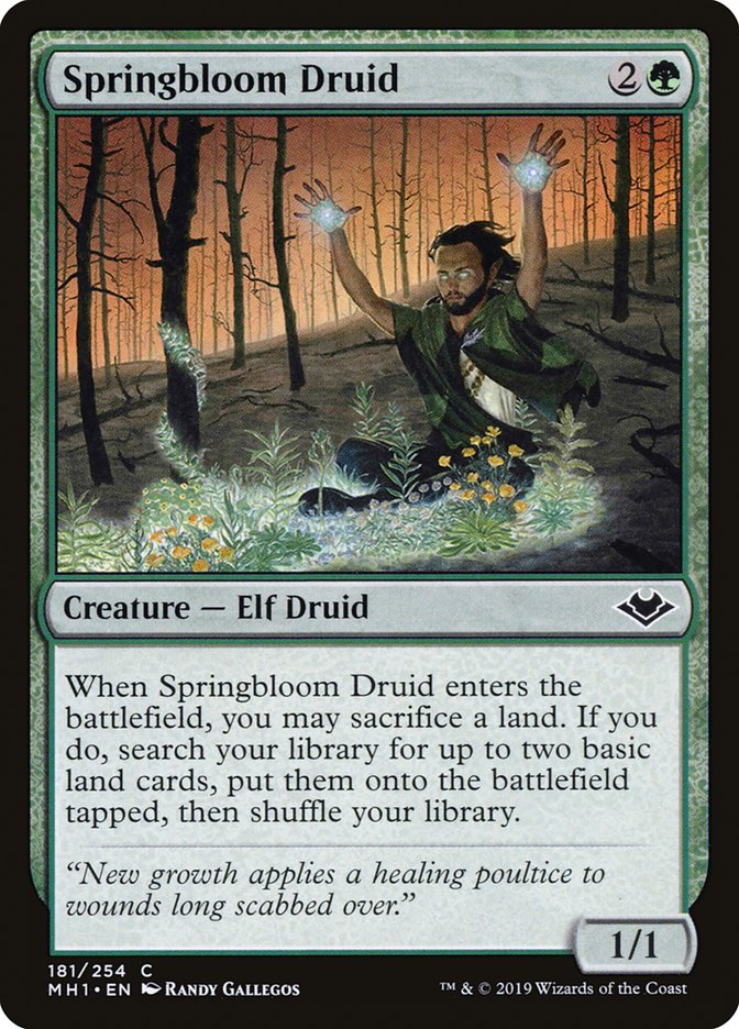 This Is An Image Of The Magic The Gathering Card Springbloom Druid From The Set Tarkir: Dragonstorm Commander - Designed By Artist Randy Gallegos