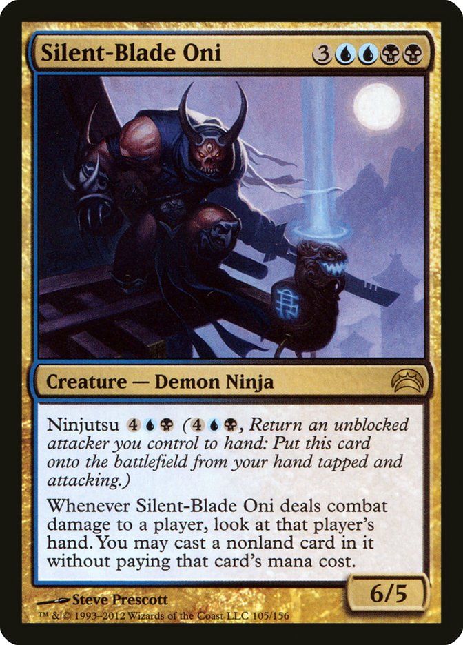 This Is An Image Of The Magic The Gathering Card Silent-Blade Oni From The Set Outlaws of Thunder Junction Commander - Designed By Artist Steve Prescott