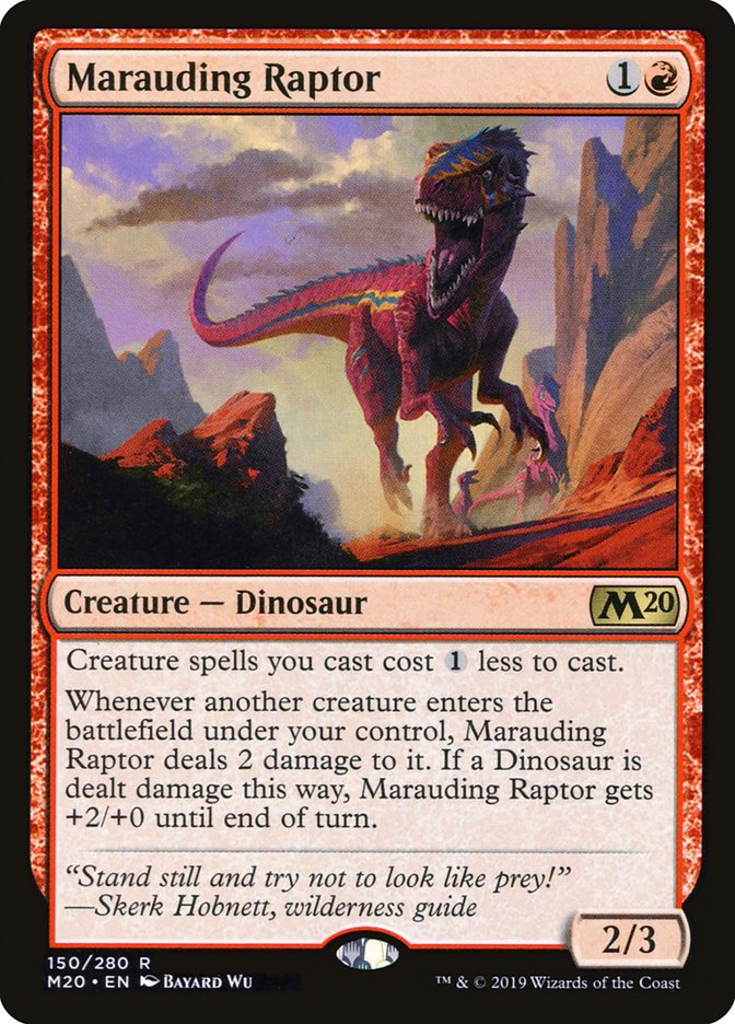 This Is An Image Of The Magic The Gathering Card Marauding Raptor From The Set The Lost Caverns of Ixalan Commander - Designed By Artist Bayard Wu