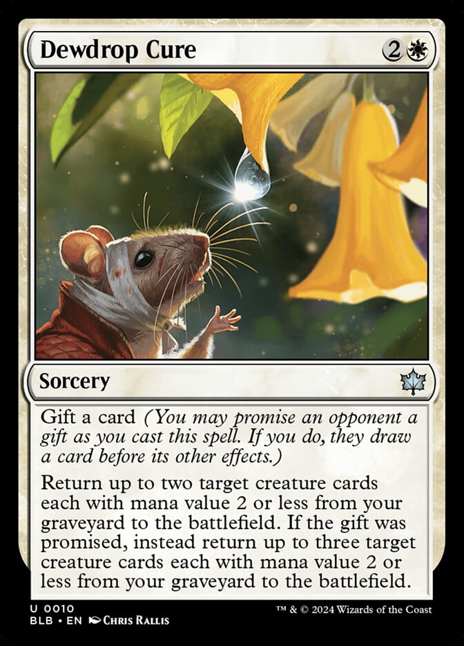 This Is An Image Of The Magic The Gathering Card Dewdrop Cure From The Set Bloomburrow - Designed By Artist Chris Rallis