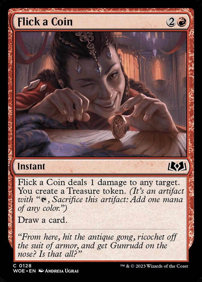 This Is An Image Of The Magic The Gathering Card Flick a Coin From The Set Wilds of Eldraine - Designed By Artist Andreia Ugrai