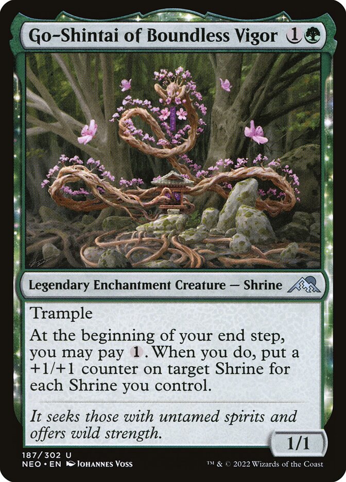 This Is An Image Of The Magic The Gathering Card Go-Shintai of Boundless Vigor From The Set Kamigawa: Neon Dynasty - Designed By Artist Johannes Voss