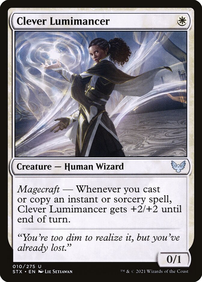 This Is An Image Of The Magic The Gathering Card Clever Lumimancer From The Set Strixhaven: School of Mages - Designed By Artist Lie Setiawan
