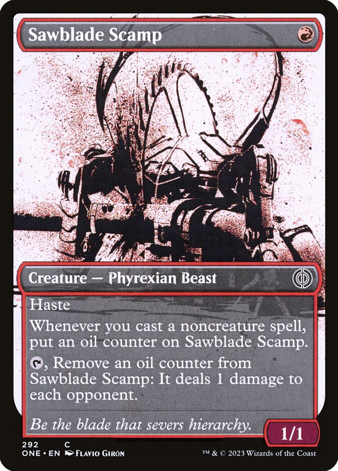 This Is An Image Of The Magic The Gathering Card Sawblade Scamp From The Set Phyrexia: All Will Be One - Designed By Artist Helge C. Balzer