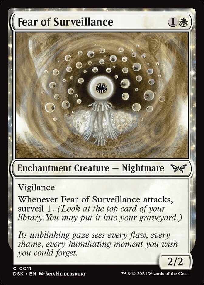 This Is An Image Of The Magic The Gathering Card Fear of Surveillance From The Set Duskmourn: House of Horror - Designed By Artist Jana Heidersdorf