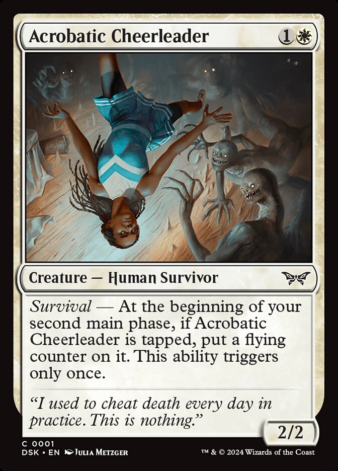 This Is An Image Of The Magic The Gathering Card Acrobatic Cheerleader From The Set Duskmourn: House of Horror - Designed By Artist Julia Metzger