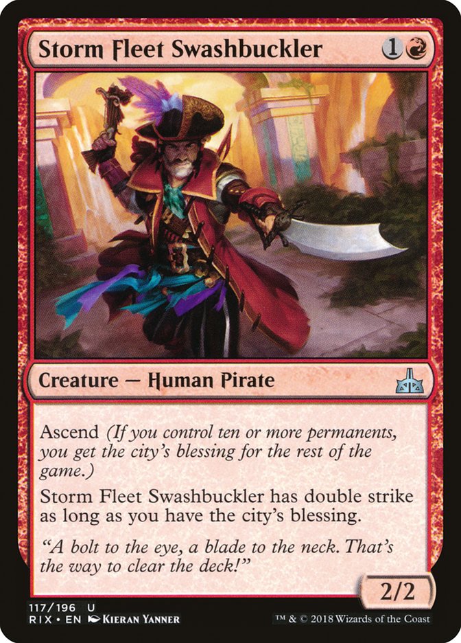This Is An Image Of The Magic The Gathering Card Storm Fleet Swashbuckler From The Set Rivals of Ixalan - Designed By Artist Kieran Yanner