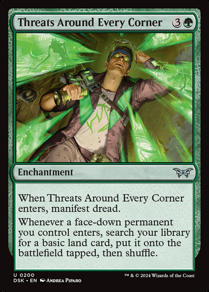 This Is An Image Of The Magic The Gathering Card Threats Around Every Corner From The Set Duskmourn: House of Horror - Designed By Artist Andrea Piparo