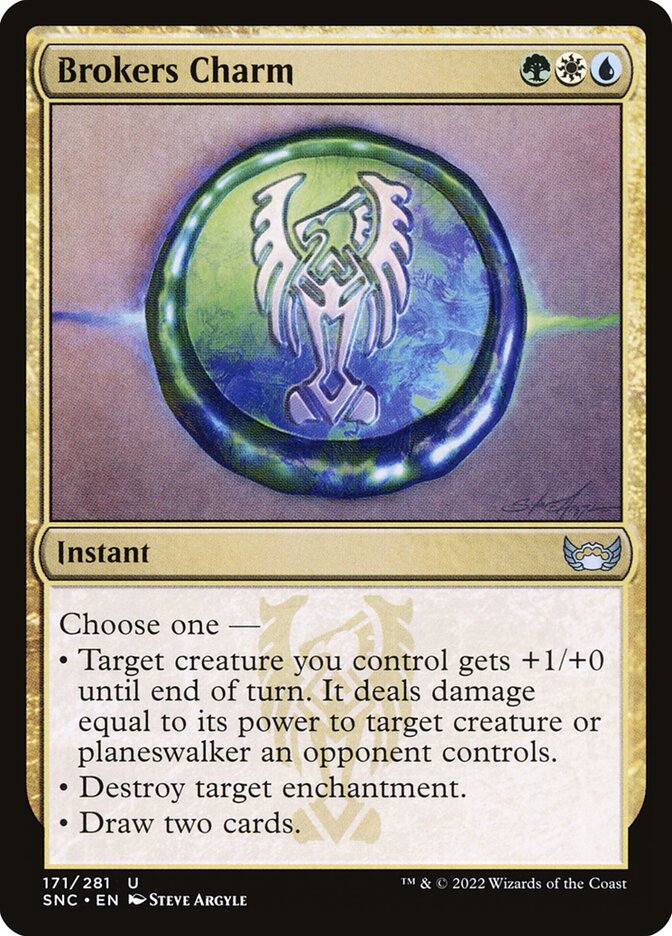 This Is An Image Of The Magic The Gathering Card Brokers Charm From The Set Streets of New Capenna - Designed By Artist Steve Argyle