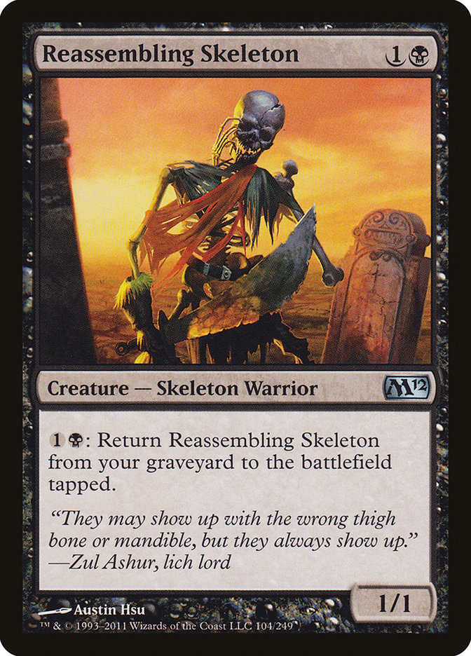 This Is An Image Of The Magic The Gathering Card Reassembling Skeleton From The Set Tarkir: Dragonstorm Commander - Designed By Artist Austin Hsu