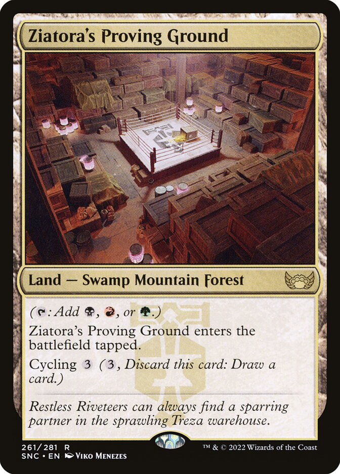 This Is An Image Of The Magic The Gathering Card Ziatora's Proving Ground From The Set Streets of New Capenna - Designed By Artist Viko Menezes