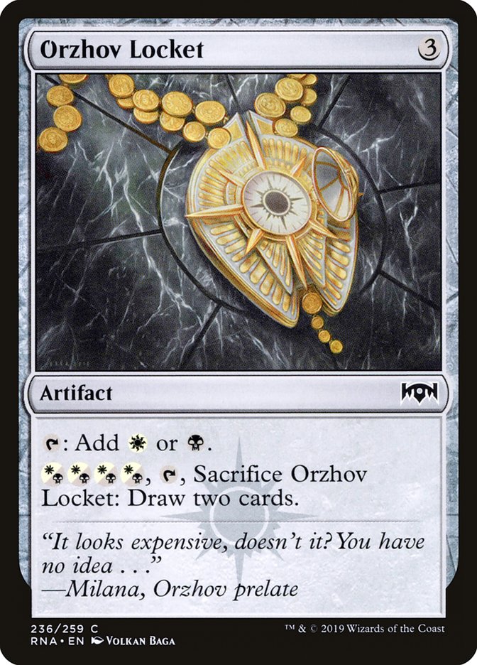 This Is An Image Of The Magic The Gathering Card Orzhov Locket From The Set March of the Machine Commander - Designed By Artist Volkan Baǵa