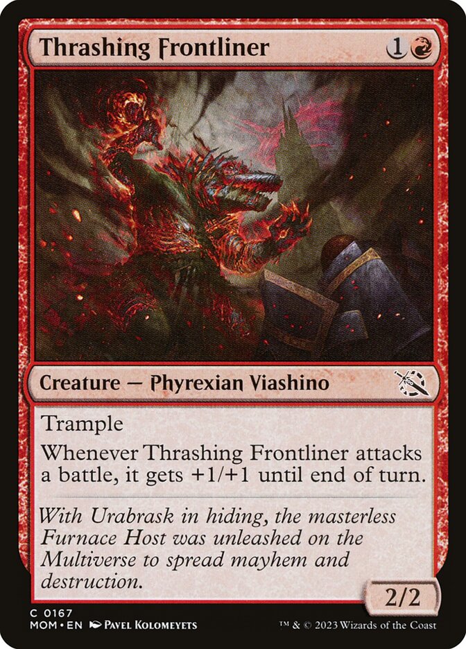 This Is An Image Of The Magic The Gathering Card Thrashing Frontliner From The Set March of the Machine - Designed By Artist Pavel Kolomeyets