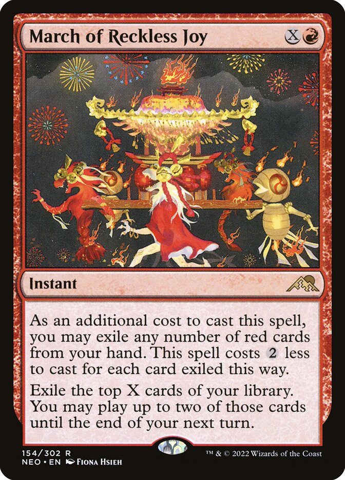 This Is An Image Of The Magic The Gathering Card March of Reckless Joy From The Set Kamigawa: Neon Dynasty - Designed By Artist Fiona Hsieh