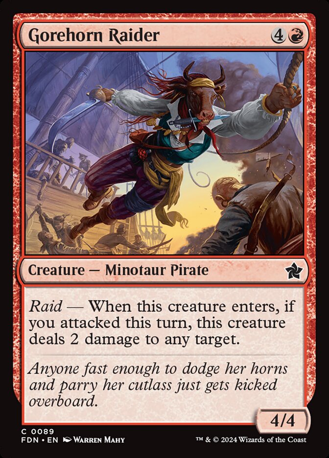 This Is An Image Of The Magic The Gathering Card Gorehorn Raider From The Set Foundations - Designed By Artist Warren Mahy