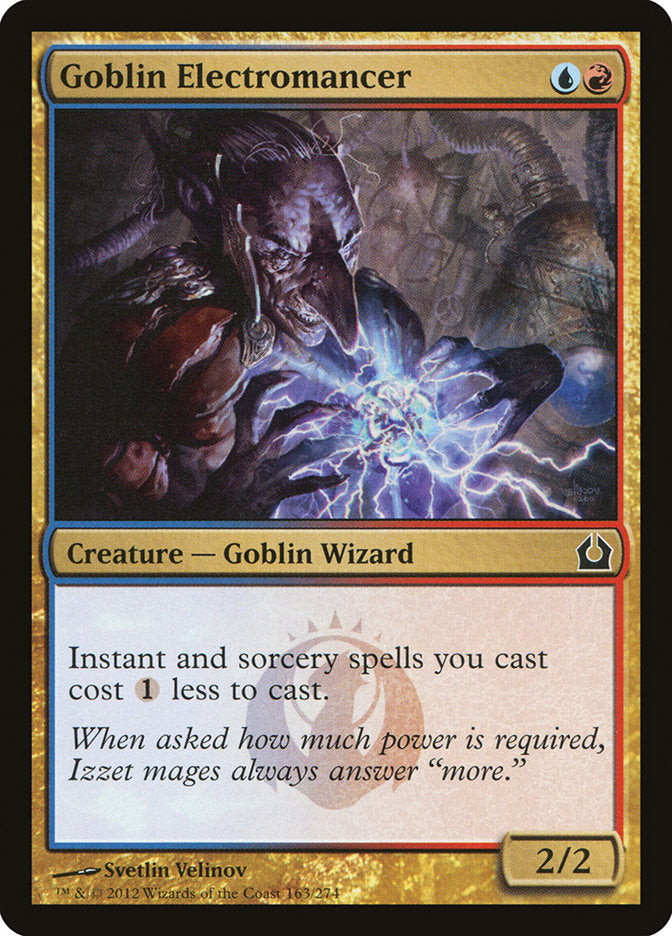 This Is An Image Of The Magic The Gathering Card Goblin Electromancer From The Set Tarkir: Dragonstorm Commander - Designed By Artist Edgar Sánchez Hidalgo