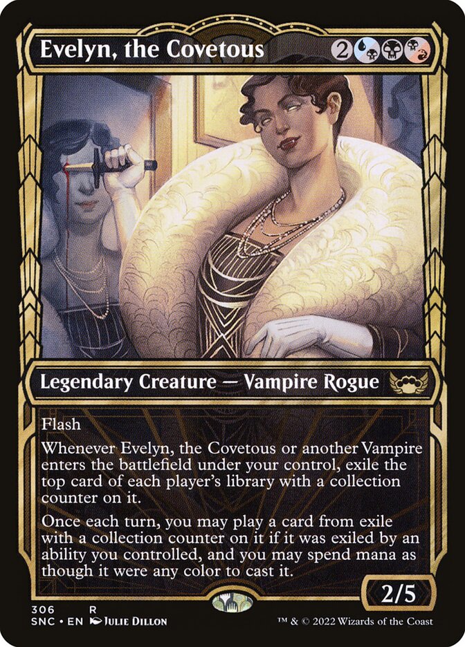 This Is An Image Of The Magic The Gathering Card Evelyn, the Covetous From The Set Streets of New Capenna - Designed By Artist Marta Nael