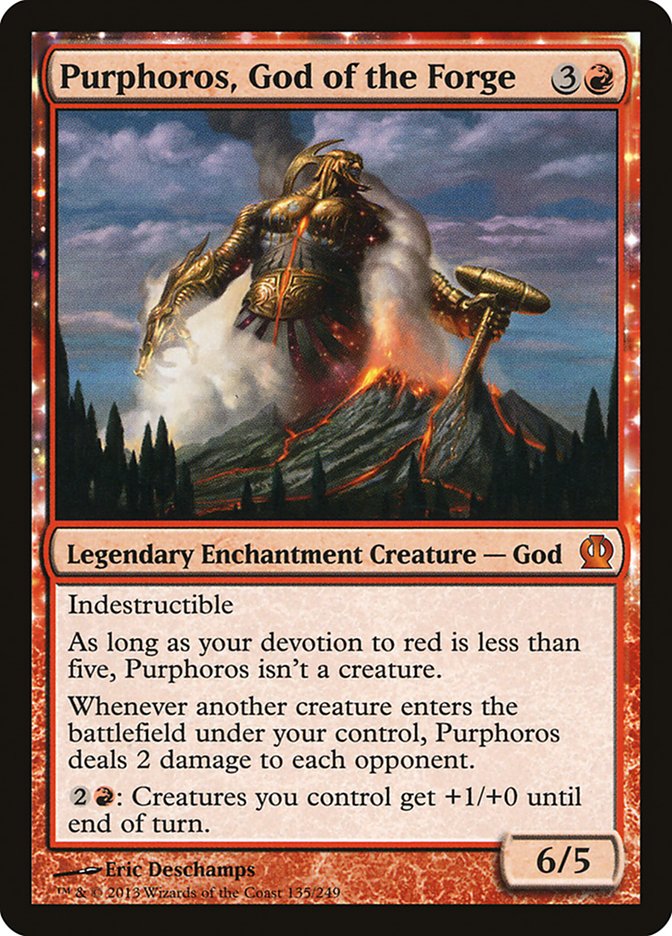 This Is An Image Of The Magic The Gathering Card Purphoros, God of the Forge From The Set Commander Masters - Designed By Artist Eric Deschamps