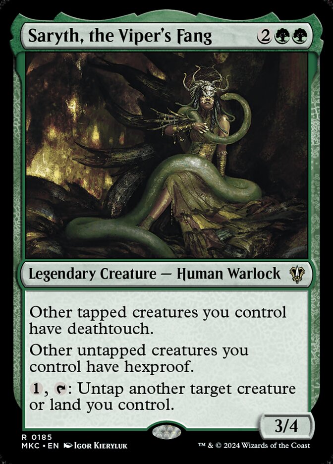 This Is An Image Of The Magic The Gathering Card Saryth, the Viper's Fang From The Set Murders at Karlov Manor Commander - Designed By Artist Igor Kieryluk