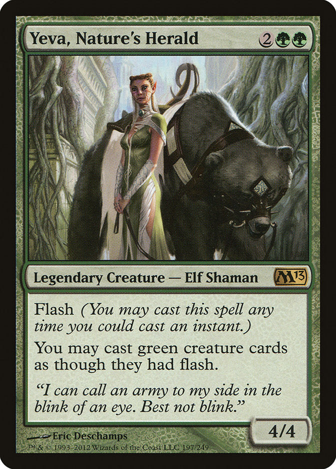 This Is An Image Of The Magic The Gathering Card Yeva, Nature's Herald From The Set Ravnica Remastered - Designed By Artist Eric Deschamps