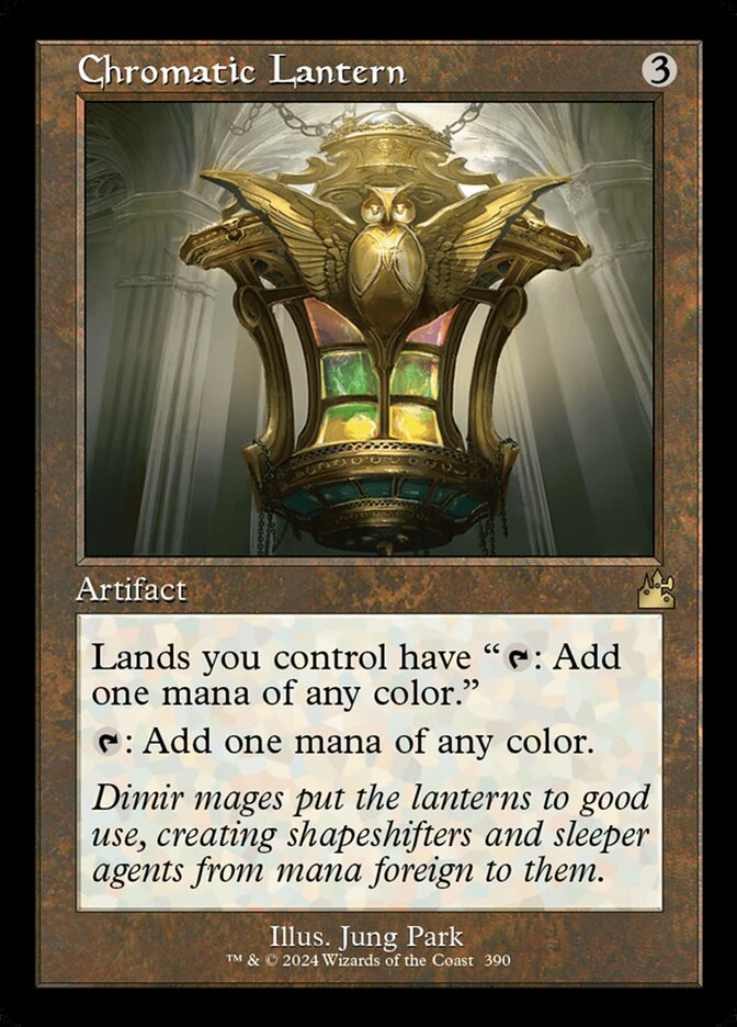This Is An Image Of The Magic The Gathering Card Chromatic Lantern From The Set Outlaws of Thunder Junction Commander - Designed By Artist Jung Park