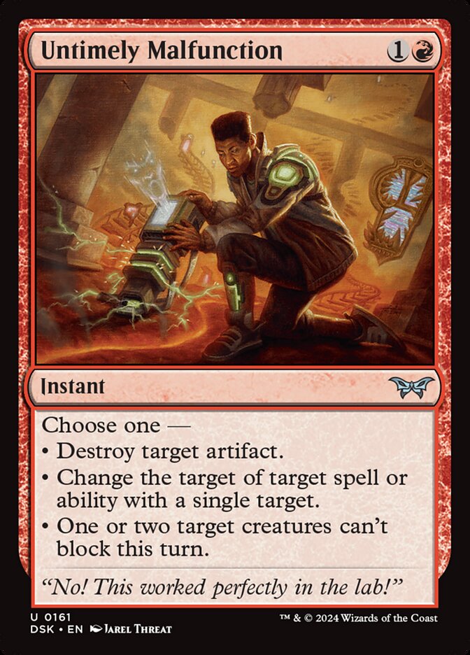 This Is An Image Of The Magic The Gathering Card Untimely Malfunction From The Set Duskmourn: House of Horror - Designed By Artist Jarel Threat