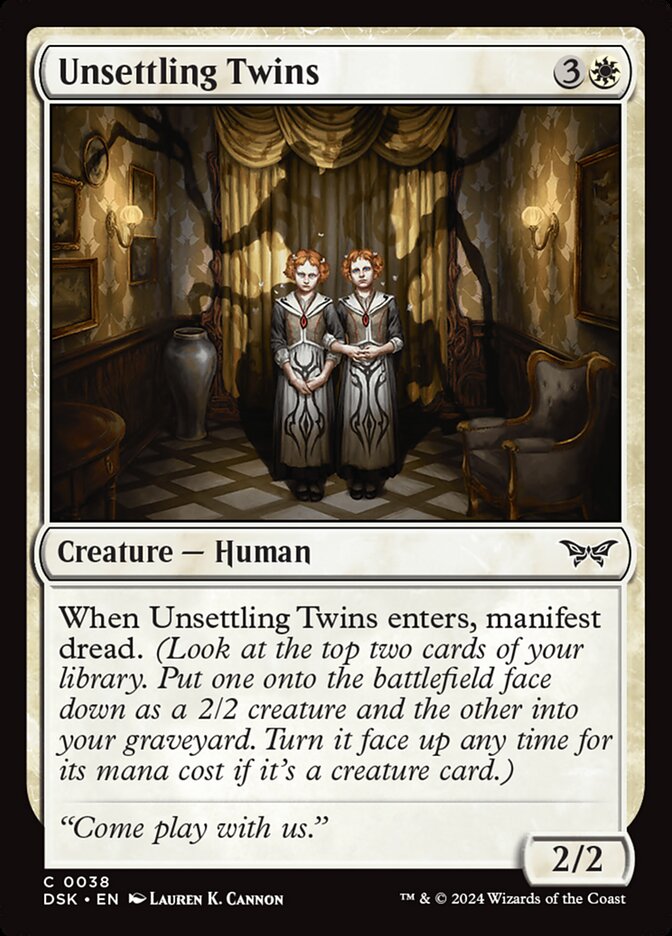 This Is An Image Of The Magic The Gathering Card Unsettling Twins From The Set Duskmourn: House of Horror - Designed By Artist Lauren K. Cannon