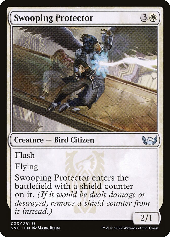 This Is An Image Of The Magic The Gathering Card Swooping Protector From The Set Streets of New Capenna - Designed By Artist Mark Behm
