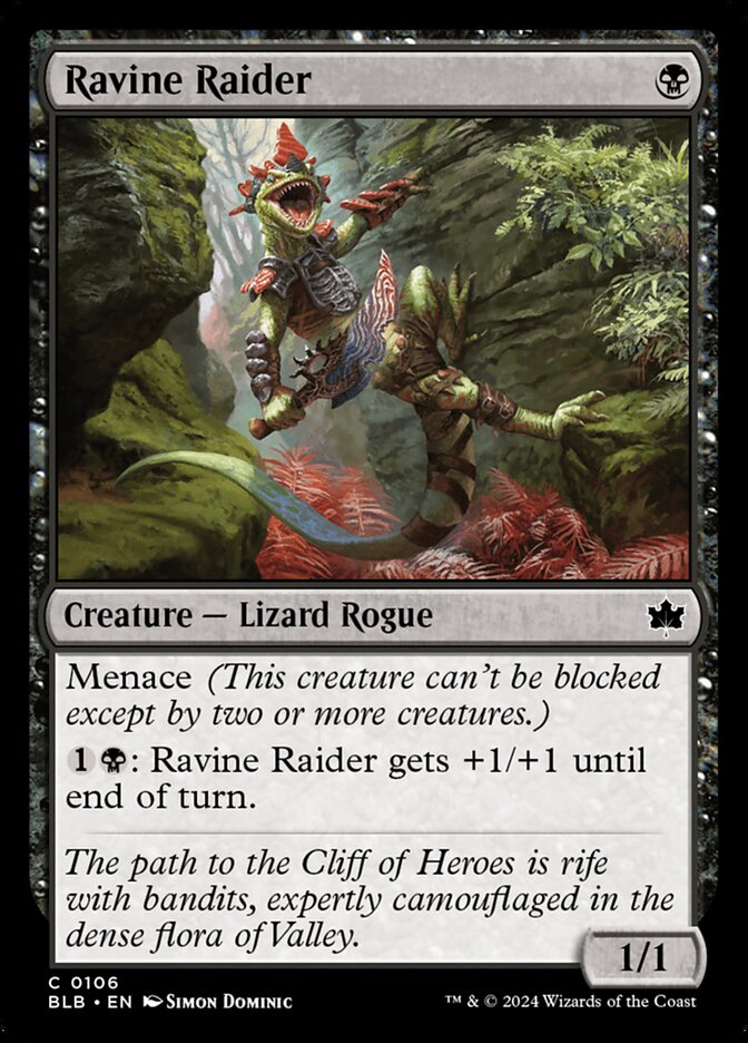 This Is An Image Of The Magic The Gathering Card Ravine Raider From The Set Bloomburrow - Designed By Artist Simon Dominic