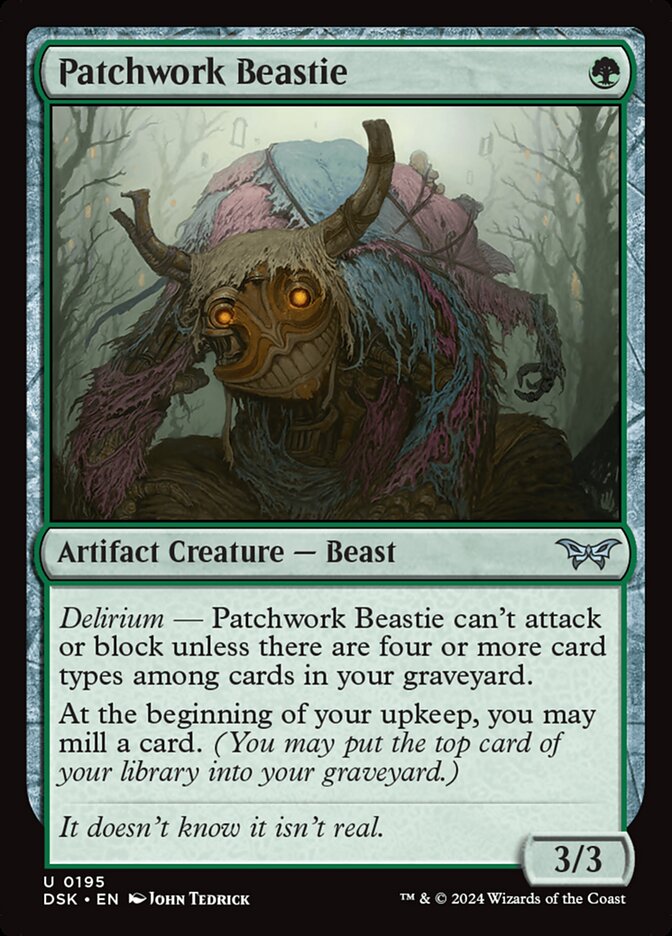 This Is An Image Of The Magic The Gathering Card Patchwork Beastie From The Set Duskmourn: House of Horror - Designed By Artist John Tedrick