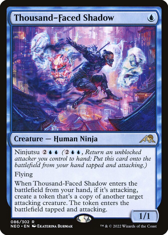 This Is An Image Of The Magic The Gathering Card Thousand-Faced Shadow From The Set Kamigawa: Neon Dynasty - Designed By Artist Ekaterina Burmak