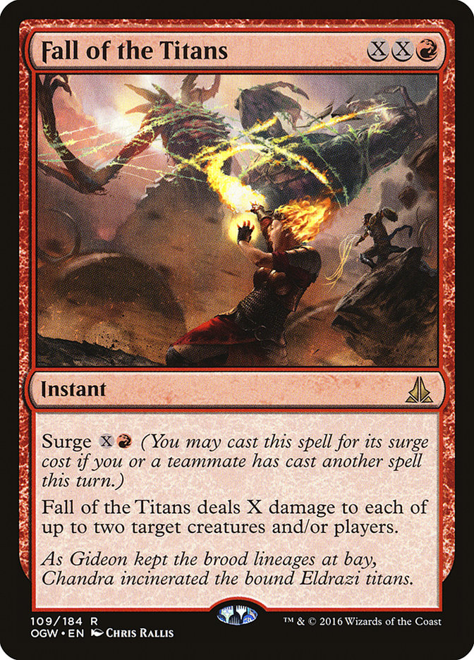 This Is An Image Of The Magic The Gathering Card Fall of the Titans From The Set Oath of the Gatewatch - Designed By Artist Chris Rallis