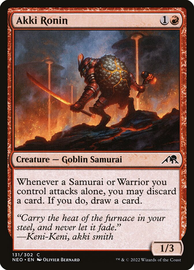 This Is An Image Of The Magic The Gathering Card Akki Ronin From The Set Kamigawa: Neon Dynasty - Designed By Artist Olivier Bernard