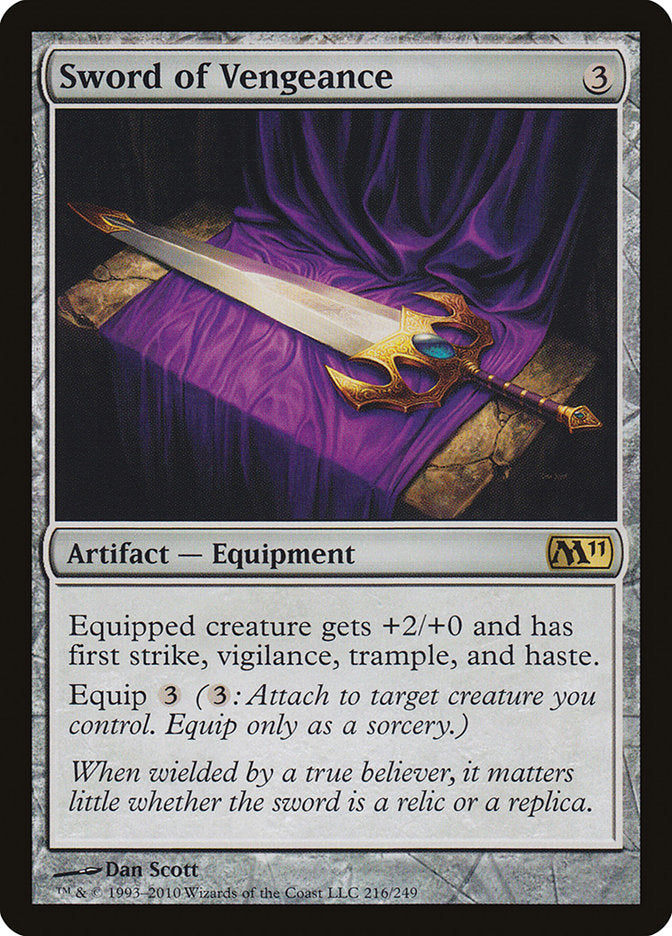 This Is An Image Of The Magic The Gathering Card Sword of Vengeance From The Set Bloomburrow - Designed By Artist Dan Murayama Scott