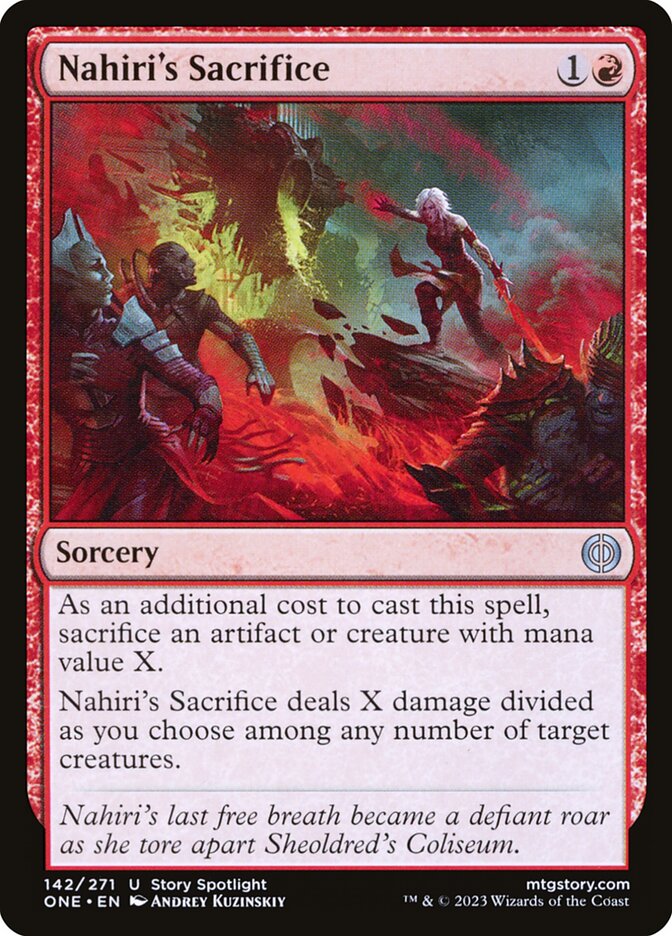 This Is An Image Of The Magic The Gathering Card Nahiri's Sacrifice From The Set Phyrexia: All Will Be One - Designed By Artist Andrey Kuzinskiy